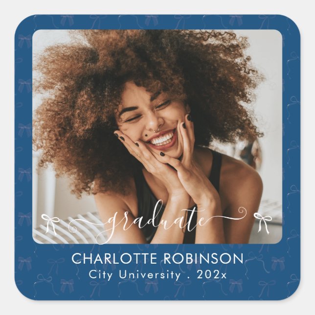 Blue and Pink Bow Graduation Photo  Square Sticker (Front)