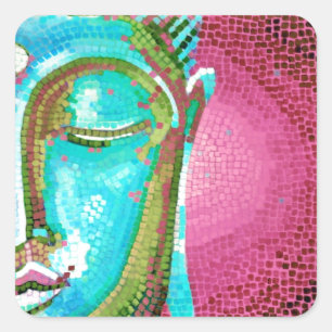 Blue and Pink Buddha Face Mosaic Square Sticker