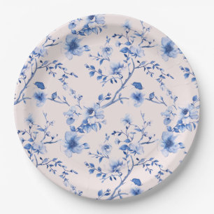 Blue and Pink Chinoiserie Flowers Paper Plate