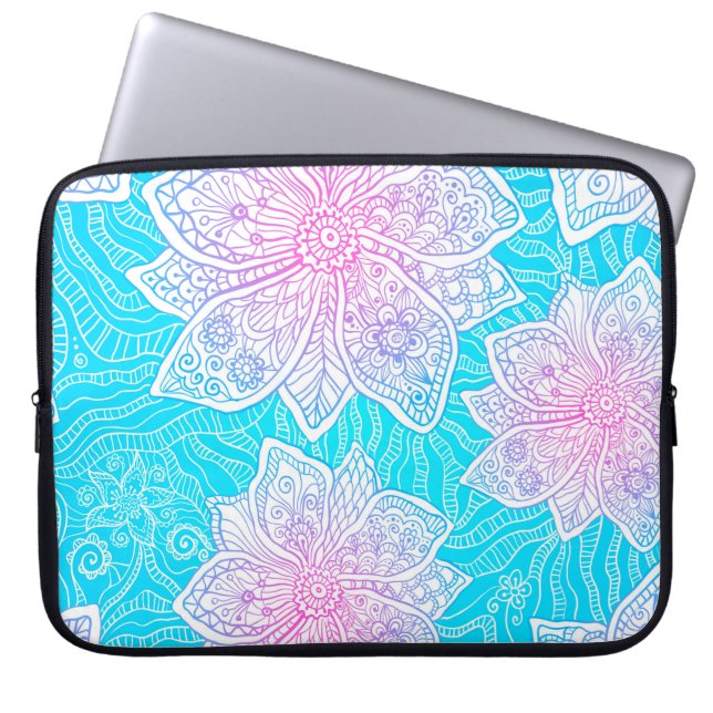 Blue and pink colours ornate flowers seamless patt laptop sleeve (Front)