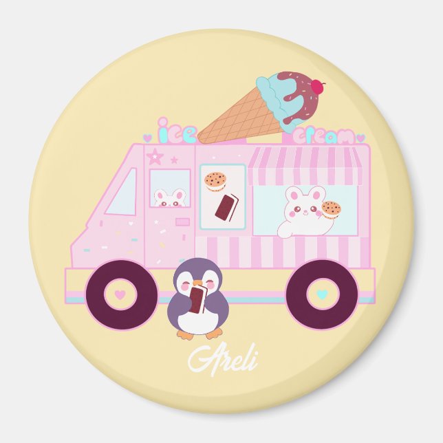 Blue And Pink Cute  Bunny Rabbit Ice Cream Truck Magnet (Front)