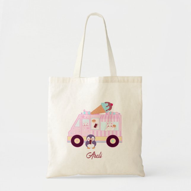 Blue And Pink Cute  Bunny Rabbit Ice Cream Truck Tote Bag (Front)