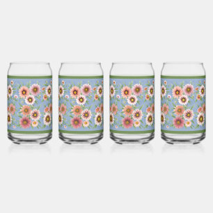 Blue and Pink Daisies Floral Botanical Art Can Glass