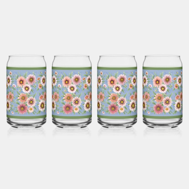 Blue and Pink Daisies Floral Botanical Art Can Glass (Front)