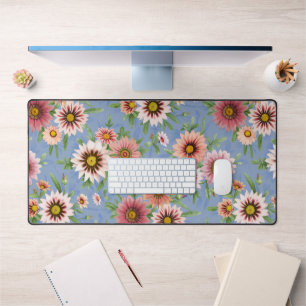 Blue and Pink Daisy Floral Botanical Print Desk Mat