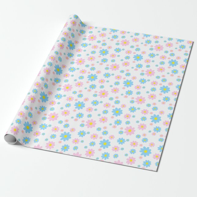 Blue and Pink Daisy Pattern Wrapping Paper (Unrolled)