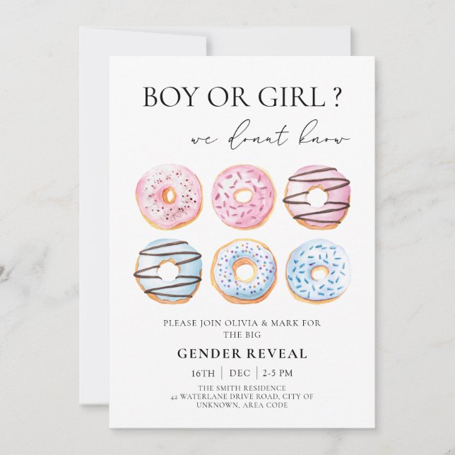 Blue and Pink Doughnuts Gender Reveal Party Invitation (Front)