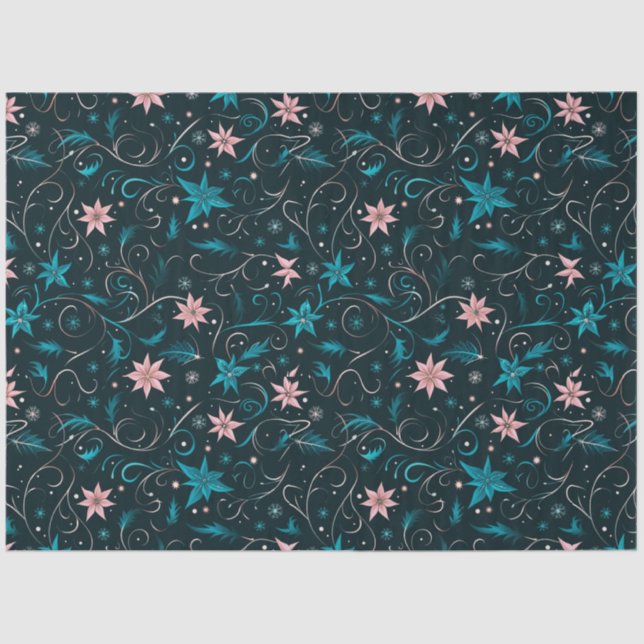 Blue and Pink Floral and Vines Christmas Tissue Paper (Front)