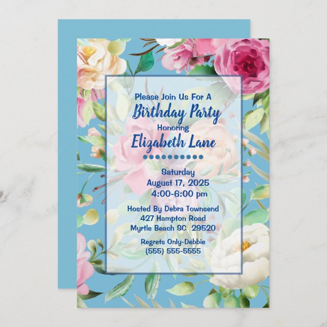 Blue and Pink Floral Birthday Party Invitation (Front/Back)
