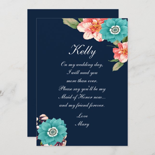 Blue And Pink Floral Botanical Maid Of Honour Invitation (Front/Back)
