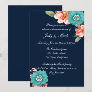 Blue And Pink Floral Botanical Rehearsal Dinner Invitation