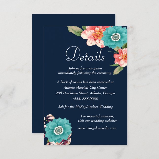 Blue And Pink Floral Botanical Wedding Details Enclosure Card (Front/Back)