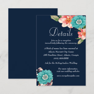 Blue And Pink Floral Botanical Wedding Details Enclosure Card