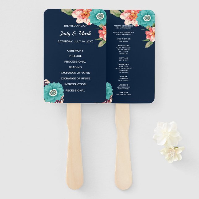 Blue And Pink Floral Botanical Wedding Program Hand Fan (Front and Back)