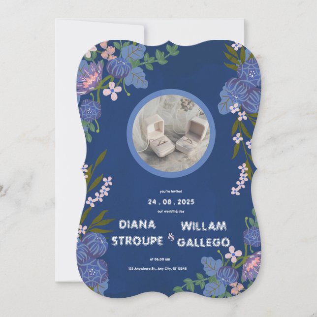 Blue and Pink Floral Modern Classic Wedding Invita (Front)