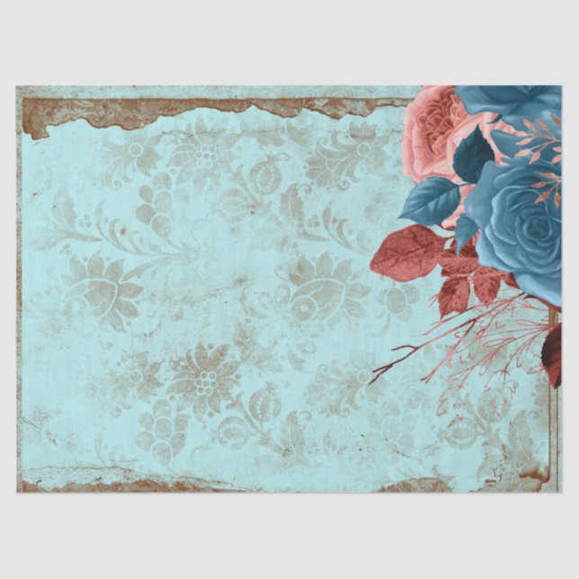 Blue and Pink Floral on Turquoise Decoupage Tissue Paper (Front)