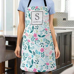 Blue and Pink Floral Pattern with Monogram & Name Apron