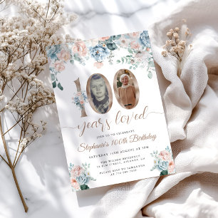Blue and Pink Floral Photo 100th Birthday Invitation