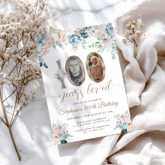 Blue and Pink Floral Photo 100th Birthday Invitation