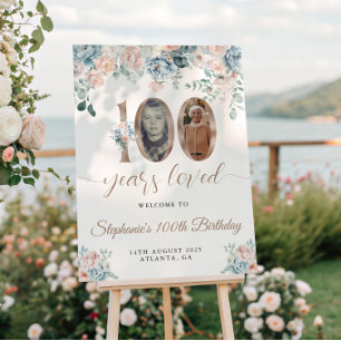 Blue and Pink Floral Photo 100th Birthday Welcome Poster