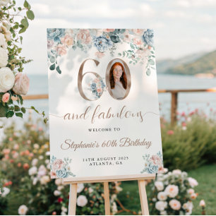 Blue and Pink Floral Photo 60th Birthday Welcome Poster