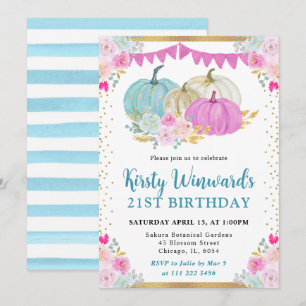 Blue and Pink Floral Pumpkin Fall 21st Birthday Invitation