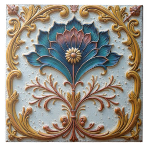 Blue and pink floral rosette ceramic tile