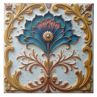 Blue and pink floral rosette ceramic tile