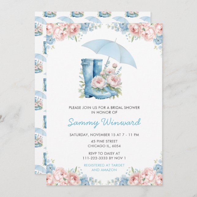 Blue and Pink Floral Umbrella Bridal Shower Invitation (Front/Back)