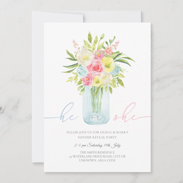 Blue and Pink Floral Vase Gender Reveal Invitation (Front)