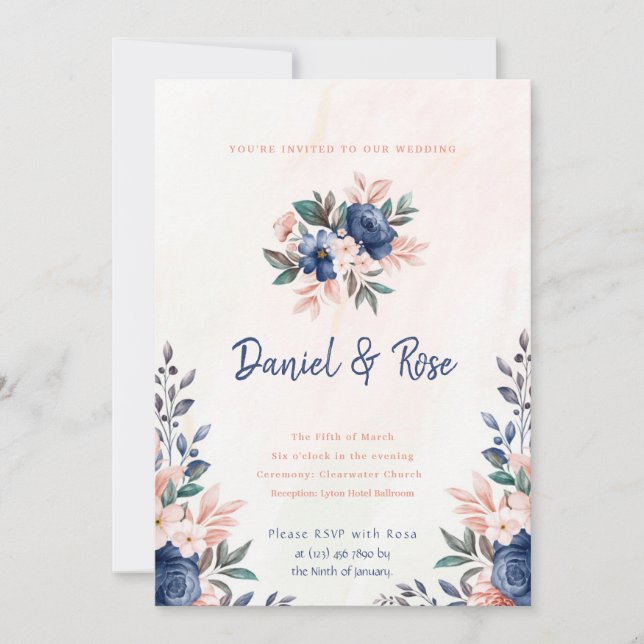 Blue and Pink Floral Wedding Invitation (Front)