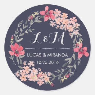 Blue and Pink Floral Wreath Wedding Favour Sticker