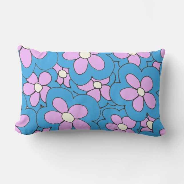 Blue and Pink Flower Design Hand Drawn Lumbar Cushion (Front)