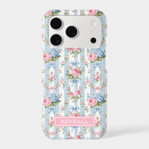 Blue and Pink Flowers and Bows Striped