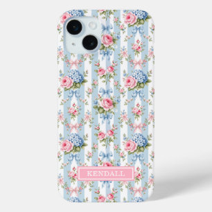 Blue and Pink Flowers and Bows Striped iPhone 15 Mini Case