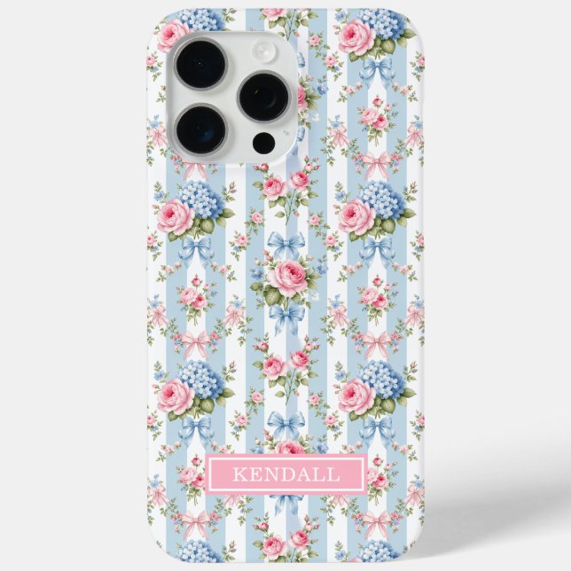 Blue and Pink Flowers and Bows Striped Case-Mate iPhone Case (Back)