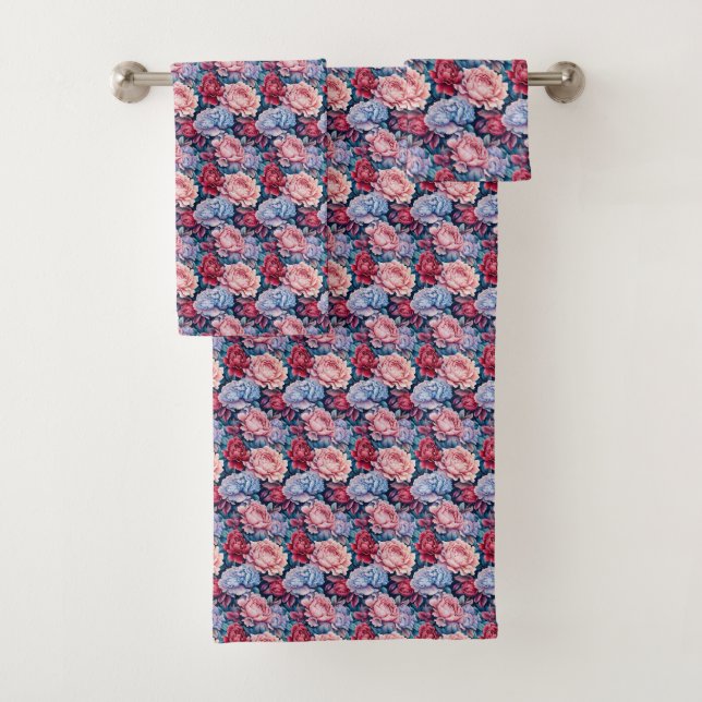Blue and Pink Flowers Bath Towel Set (Insitu)