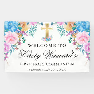 Blue and Pink Flowers Boho 1st Holy Communion Banner