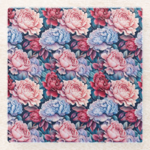 Blue and Pink Flowers Glass Coaster