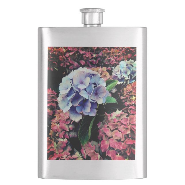 Blue and pink flowers hip flask (Front)
