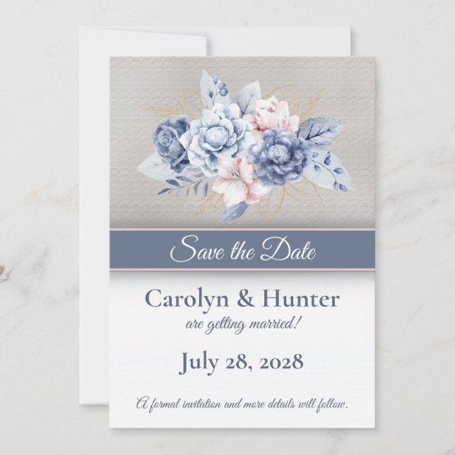 Blue and Pink Flowers on Grey & White Wedding Save The Date (Front)