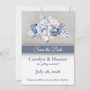 Blue and Pink Flowers on Grey & White Wedding Save The Date