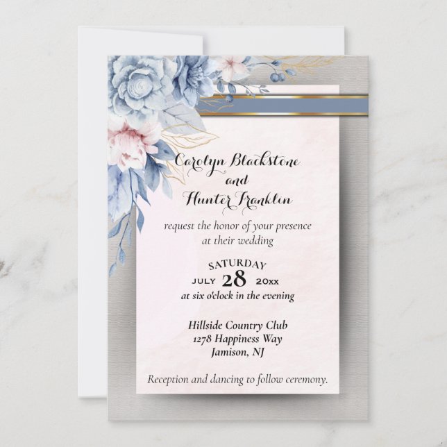 Blue and Pink Flowers on Pink & Grey Wedding Invitation (Front)