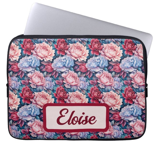 Blue and Pink Flowers Personalised Laptop Sleeve (Front)