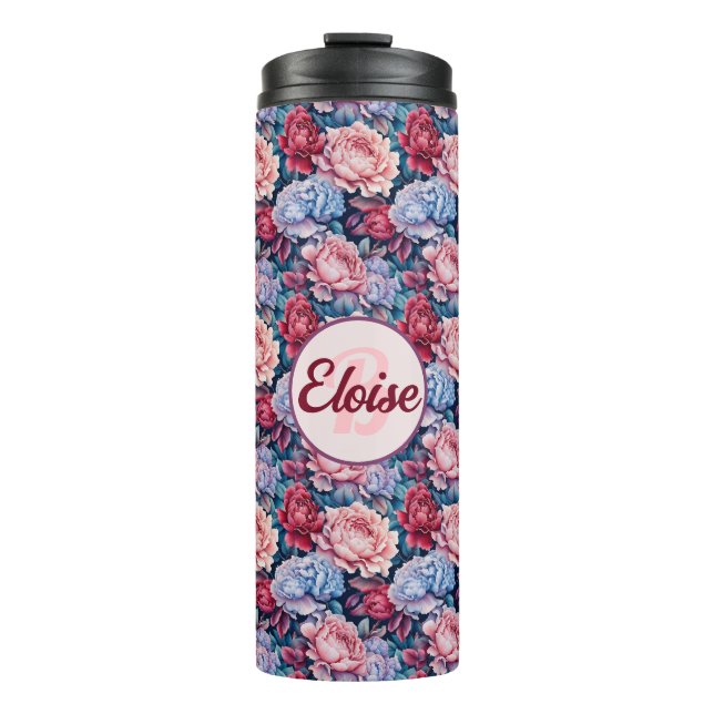 Blue and Pink Flowers Personalised Thermal Tumbler (Front)