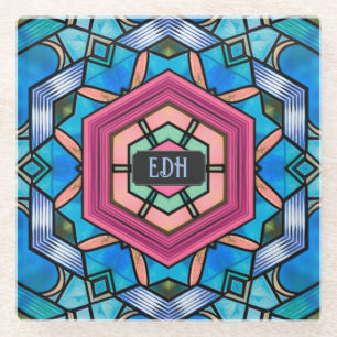 Blue and Pink Geometric Art Deco with own Initials Glass Coaster