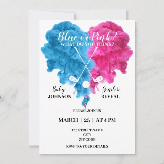 Blue and pink golf gender reveal invitation (Front)