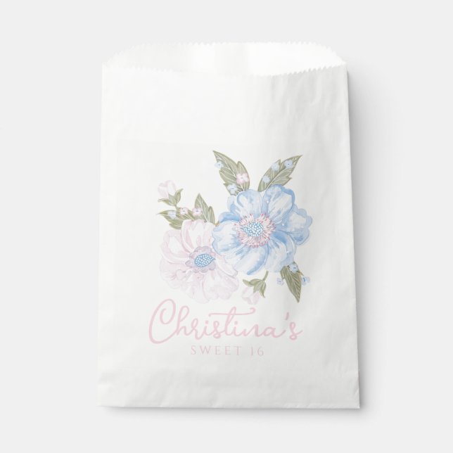 Blue and Pink Grandmillennial Floral Sweet 16 Favour Bag (Front)
