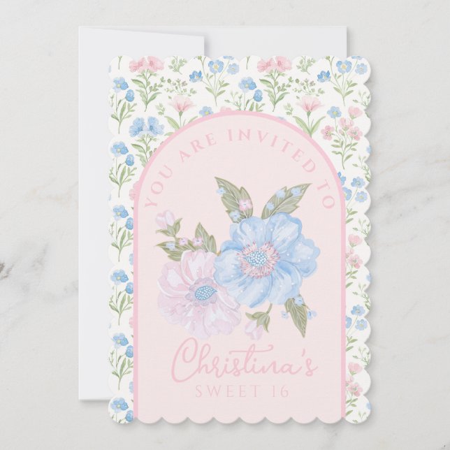 Blue and Pink Grandmillennial Floral Sweet 16 Invitation (Front)