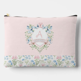 Blue and Pink Grandmillennial Ribbon Crest Baby Accessory Pouch